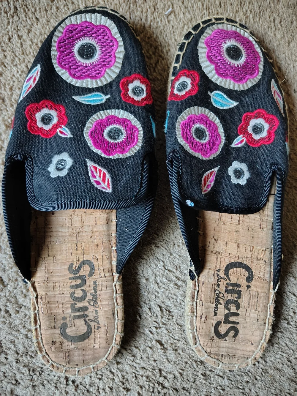 Circus by Sam Edelman Black Espadrille Mules with Pink & Red Floral Embroidery